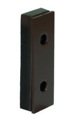 A rectangular, dark brown metal block resembles the Vestil Steel Face Molded Rubber Bumper 2-5/8X5X16-1/8 Blk, featuring two vertically aligned circular holes and standing upright against a pristine white background.