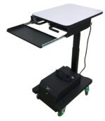 An adjustable black standing desk with a white tabletop, perfect for laboratory design, features a slide-out tray. The desk is mounted on wheels for mobility, and a power cable seamlessly connects to the lower part.