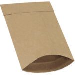 A brown, flat paper bag resembling the 4 x 8 Kraft Lbs000 Padded Mailers (500/Case) is shown on a white background, showcasing its kraft paper texture with a sealed top and serrated open bottom edge.
