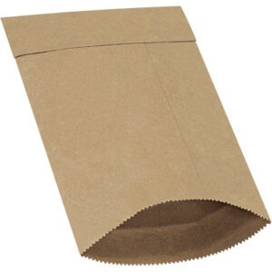A brown, flat paper bag resembling the 4 x 8 Kraft Lbs000 Padded Mailers (500/Case) is shown on a white background, showcasing its kraft paper texture with a sealed top and serrated open bottom edge.