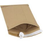 A 7 1/4 x 12 kraft envelope from our Lbs1 Self-Seal Padded Mailers (25 Pack) is partially open, revealing the peel-and-seal adhesive. Set against a white background, this sturdy mailer ensures easy and secure packaging.