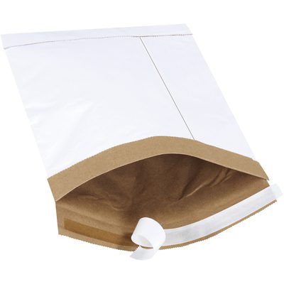 B804WSS.jpg The MH-USA 7 1/4 x 12 White Lbs1 Self-Seal Padded Mailers have an open top and brown interior, with a white adhesive strip on the flap for secure sealing. They are available in cases of 100.