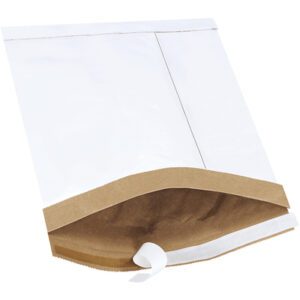 The MH-USA 8 1/2 x 12 White (25 Pack) Lbs2 Self-Seal Padded Mailers have a white exterior with a peel-and-seal strip and a brown interior, offering secure protection for shipping or mailing items.