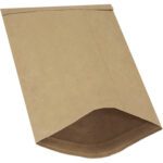 An 8 1/2 x 14 1/2 kraft Lbs3 padded mailer with a triangular flap rests on a white background, offering superior protection while maintaining its classic brown finish.