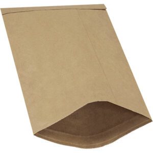 An 8 1/2 x 14 1/2 kraft Lbs3 padded mailer with a triangular flap rests on a white background, offering superior protection while maintaining its classic brown finish.