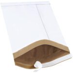 The MH-USA 8 1/2 x 14 1/2 white self-seal padded mailers (25 pack) feature an open flap, brown interior, and a secure peel-and-seal strip for safe mailing.