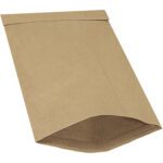 A 9 1/2 x 14 1/2 Kraft Lbs4 Padded Mailer, part of a pack of 100, is displayed upright with its flap folded back. The rectangular mailer, empty and resembling a paper bag, rests on a plain white background, ready for use.