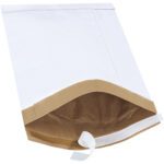 The MH-USA 9 1/2 x 14 1/2 White Lbs4 Self-Seal Padded Mailers (100/Case) is showcased partially open to reveal its brown interior. The peel-and-seal strip offers secure closure, and the angled view highlights its thickness and texture.