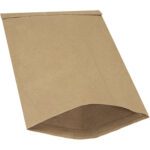 A 10 1/2 x 16 Kraft Lbs5 padded mailer from the 100/case collection lies flat on a white background, flap open and facing forward, showing its sturdy design for secure shipments.