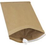 A 10 1/2 x 16 Lbs5 Self-Seal Padded Mailer (100/Case) is shown, made of brown kraft paper with an open flap and peel-and-seal strip for secure mailing, set against a plain white background.