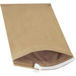 A partially open 12 1/2 x 19 Kraft Lbs6 Self-Seal Padded Mailer from a set of 50 rests on a white background. Its simple brown design is ideal for mailing, offering enhanced protection with padding.