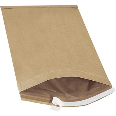 B810SS.jpg A partially open 12 1/2 x 19 Kraft Lbs6 Self-Seal Padded Mailer from a set of 50 rests on a white background. Its simple brown design is ideal for mailing, offering enhanced protection with padding.