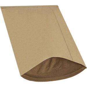 A 14 1/4 x 20 Lbs7 kraft paper padded mailer from the 50/Case set lies open, showcasing a sturdy construction and curved flap, against a white background.