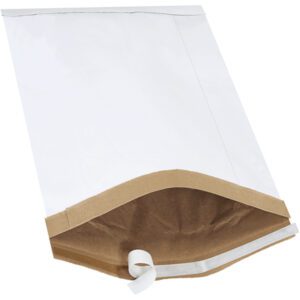 The MH-USA 14 1/4 x 20 White Lbs7 Self-Seal Padded Mailers (50/ Case) feature a protective lining and an adhesive strip for easy sealing, with a brown paper interior to secure items during shipping.