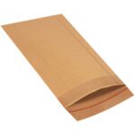 An 8 1/2 x 13 Lbs3 Jiffy Rigi Bag® mailer in brown is displayed flat on a white surface, highlighting the peel-and-seal strip at its opening. The edges are neat and straight, with the top slightly open, ready to securely contain contents up to 3 lbs (200/Case).