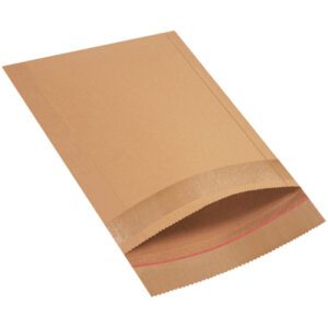 A brown envelope with a red strip along the opening, like the sturdy 12 1/2 x 15 Lbs6 Jiffy Rigi Bag® Mailers (100/Case), rests on a white background. It is slightly open, revealing the inner flap.