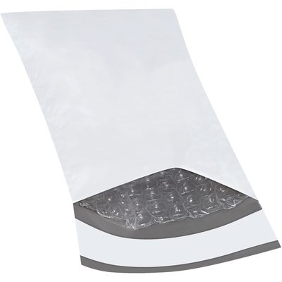 B828.jpg The MH-USA 4 x 8 Bubble Lined Poly Mailers are shown angled and partially open, highlighting the bubble wrap lining. The mainly white mailer has a gray sealing strip for secure shipping.
