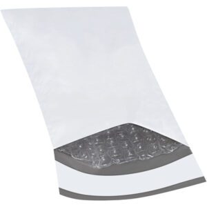 The MH-USA 4 x 8 (25 Pack) Bubble Lined Poly Mailers are white with visible bubble wrap lining, slightly open to reveal cushioning for secure item shipping.