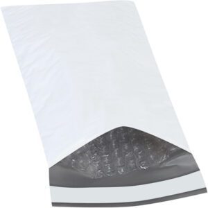 A flat, partially open white MH-USA 5 x 10 Bubble Lined Poly Mailer from a 25 pack reveals its cushioning bubble wrap with a slightly lifted top.
