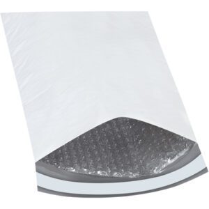 The MH-USA 8 1/2 x 12 (25 Pack) Bubble Lined Poly Mailers are shown on a white background, highlighting the reflective bubble wrap interior and sealed edges for secure shipping, making them perfect for protecting your items.