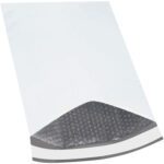 A partially open white bubble-padded mailing envelope reveals the gray bubble wrap inside, demonstrating the quality of MH-USA 12 1/2 x 19 Bubble Lined Poly Mailers (50/Case), set against a plain white background.