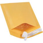 The 4 x 8 Kraft Bubble Mailer, sold in a pack of 25, showcases a yellow padded envelope with protective bubble wrap lining and includes an Lbs000 self-seal adhesive strip for easy closure.
