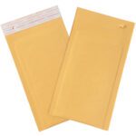 Two 4 x 8 Kraft Lbs000 self-seal bubble mailers from the Freight Saver Pack are shown. One stands upright with a visible tear strip, while the other is tilted, showing its back. Perfect for lightweight shipments.
