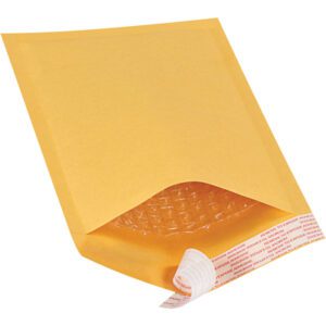 A yellow 5 x 10 Kraft mailer from the Freight Saver Pack, featuring a peel-and-seal strip and bubble wrap interior for protection. This Lbs00 self-seal design is partially open to show cushioning inside and is available in cases of 180.