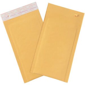 Two yellow padded envelopes are displayed; one lies flat showing its front, and the other is angled to reveal a peel-and-seal strip at the top. These durable 5 x 10 Kraft Lbs00 Self-Seal Bubble Mailers with Tear Strip ensure reliable mailing and shipping.
