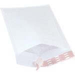 The MH-USA 5 x 10 White (25 Pack) Lbs00 Self-Seal Bubble Mailers have a red adhesive strip for secure closure and include bubble wrap lining for effective cushioning during shipping.