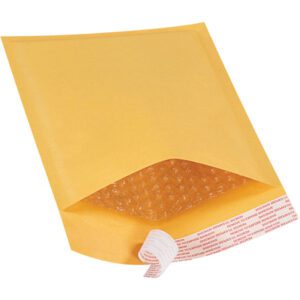 The 6 x 10 Kraft Lbs0 Self-Seal Bubble Mailers, available in a Freight Saver Pack of 150 per case, feature an open flap with bubble wrap lining and a peel-off adhesive strip for secure sealing.