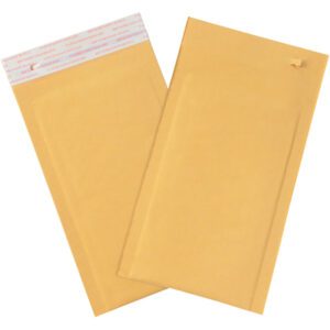 Two yellow 6 x 10 Kraft Lbs0 Self-Seal Bubble Mailers w/Tear Strip overlap on a white background. The peel-and-seal strip is partly visible on one envelope, while the others raised texture suggests secure mailing.