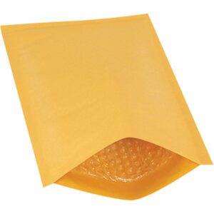 A 7 1/4 x 12 Kraft Lbs1 Heat-Seal Bubble Mailer is slightly open, showing its protective bubble wrap lining. Resting against a plain white background, the design invites curiosity with its open end facing the viewer.