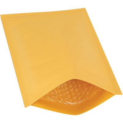 B854.jpg A 7 1/4 x 12 Kraft Lbs1 Heat-Seal Bubble Mailer is slightly open, showing its protective bubble wrap lining. Resting against a plain white background, the design invites curiosity with its open end facing the viewer.