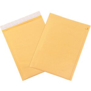 Two yellow mailers from the 7 1/4 x 12 Kraft (25 Pack) collection are shown. One stands upright, highlighting its Lbs1 self-seal bubble design with a tear strip, ready for secure packaging. The other is slightly tilted for a dynamic display.
