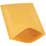 A yellow 8 1/2 x 12 Kraft mailer from a 25-pack set features a partially open flap showing its bubble wrap lining. Designed for durability and reliable Lbs2 heat-seal strength, it rests on a plain white background.