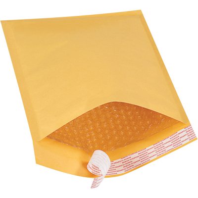 B855SS25PK.jpg A Kraft 8 1/2 x 12 Lbs2 Self-Seal Bubble Mailer, part of a 25 pack, is shown with an open flap and bubble wrap lining, featuring a white pull tab with red text for easy sealing.