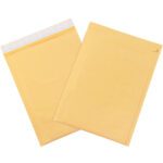 Two yellow 8 1/2 x 12 Kraft Lbs2 self-seal bubble mailers are displayed: one flat, the other leaning. They feature a peel-and-seal strip for secure closure and a tear strip for easy opening.