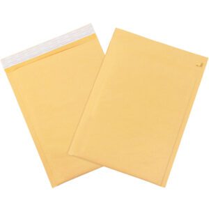Two yellow 8 1/2 x 12 Kraft Lbs2 self-seal bubble mailers are displayed: one flat, the other leaning. They feature a peel-and-seal strip for secure closure and a tear strip for easy opening.