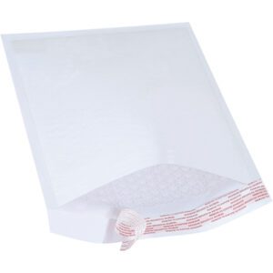 The MH-USA 8.5 x 12 White Lbs2 Self-Seal Bubble Mailers (100/Case) feature a peel-and-seal strip and internal bubble wrap for excellent protection, making them ideal for secure item shipping against a plain white background.