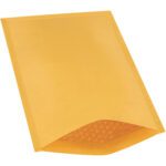 The 8 1/2 x 14 1/2 Kraft Lbs3 Heat-Seal Bubble Mailer, part of a pack of 100 per case, opens flat to reveal bubble padding inside, ensuring items are securely mailed with its durable lining.