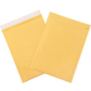 Two 8 1/2 x 14 1/2 Kraft self-seal bubble mailers with tear strips are shown, featuring secure peel-and-seal closures. One envelope faces up while the other overlaps slightly. Ideal for easy mailing, this pack of Lbs3 ensures contents stay protected.
