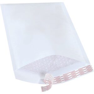 The MH-USA 8 1/2 x 14 1/2 White Lbs3 Self-Seal Bubble Mailers (100/Case) feature an open flap and protective bubble lining, with a peel-and-seal adhesive strip for durable and convenient shipping solutions.