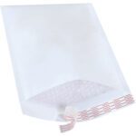 The MH-USA 8 1/2 x 14 1/2 White Bubble Mailers (25 Pack) feature a partially open flap with protective bubble padding and a self-seal adhesive strip with red text for secure closure, ideal for safeguarding items.