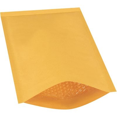 B85725PK.jpg A yellow 9 1/2 x 14 1/2 Kraft envelope from the Lbs4 Heat-Seal Bubble Mailers (25 Pack) features a partially open flap showing bubble wrap lining, photographed on a white background.