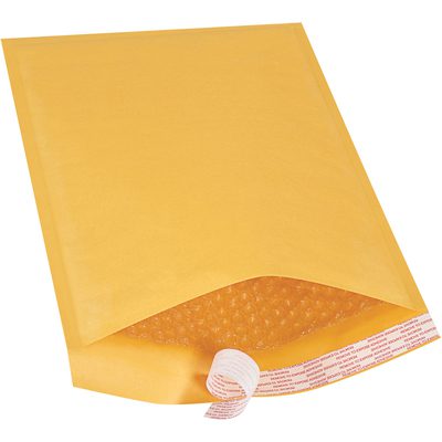B857SS.jpg A yellow 9 1/2 x 14 1/2 Kraft Lbs4 Self-Seal Bubble Mailer, showing its bubble wrap lining and lifted flap with a peel-and-seal strip, is displayed partially open against a plain white background.