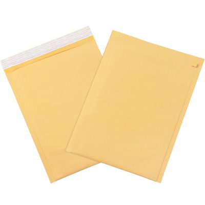 B857SSTT25PK.jpg Two yellow 9 1/2 x 14 1/2 Kraft Lbs4 bubble mailers, from a pack of 25, are shown. One lies flat while the other overlaps, displaying its tear-resistant self-seal strip. Perfect for securely shipping fragile items.