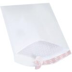 A partially open MH-USA 9 1/2 x 14 1/2 White bubble mailer (from a pack of 25) highlights its padding and self-seal strip, laying flat to easily secure your items.