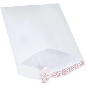 A partially open MH-USA 9 1/2 x 14 1/2 White bubble mailer (from a pack of 25) highlights its padding and self-seal strip, laying flat to easily secure your items.