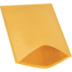 A 10 1/2 x 16 Kraft Lbs5 Heat-Seal Bubble Mailer, partially open to show interior padding, is placed diagonally on a white background and sold in packs of 100 per case.